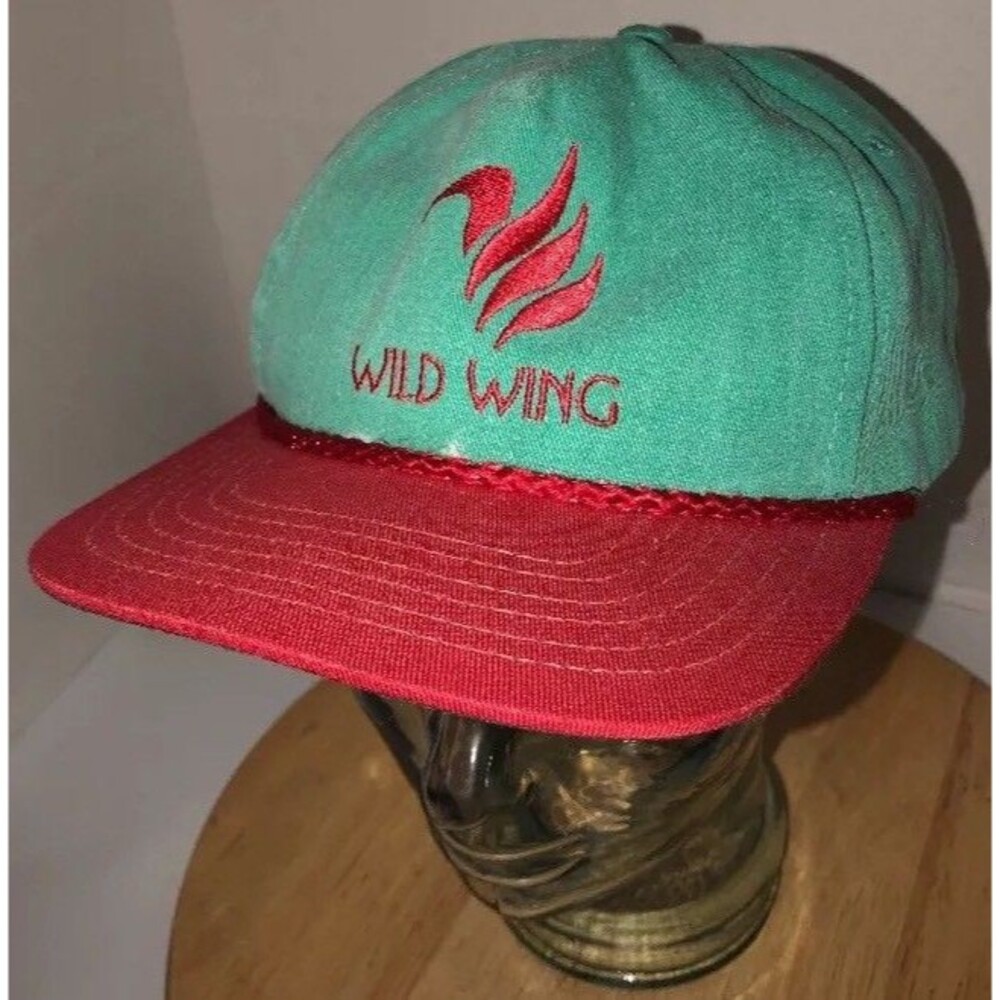Vintage WILD WING 80s USA Hat Cap Strapback Aqua Green Red Braided Rope Cord